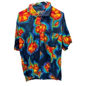 Sz L Vintage Roundy Bay Hawaiian Aloha Shirt Tropical Floral Poly Red